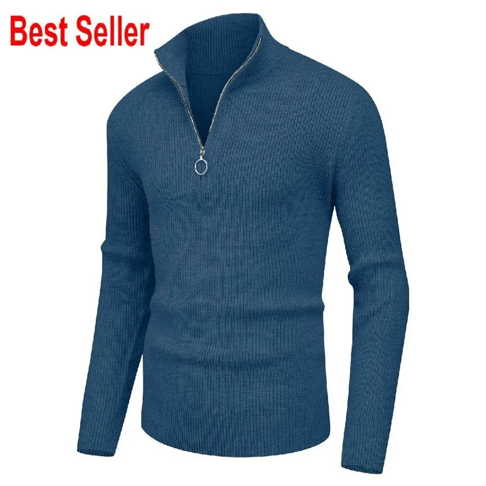 Quarter Zip Turtleneck Sweater Classic Ribbed Pullover Soft Knit Men's